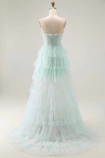 Light Green Tiered Strapless A Line Prom Dress